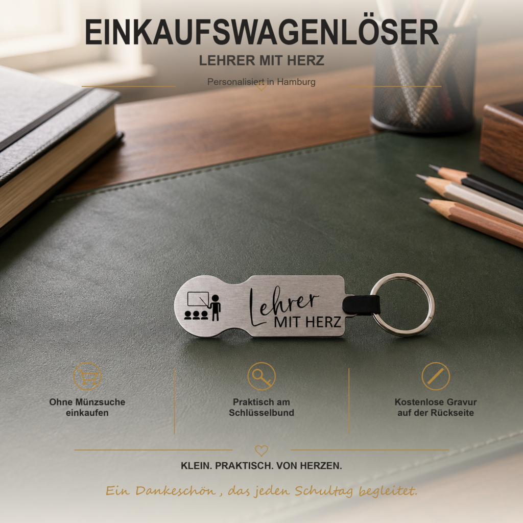 Personalisierter Edelstahl-Einkaufswagenlöser mit Unterrichtsmotiv und Gravur Lehrer mit Herz