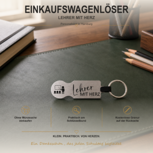 Personalisierter Edelstahl-Einkaufswagenlöser mit Unterrichtsmotiv und Gravur Lehrer mit Herz