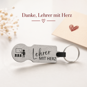 Einkaufswagenlöser Lehrer mit Herz als personalisierter Edelstahl-Schlüsselanhänger