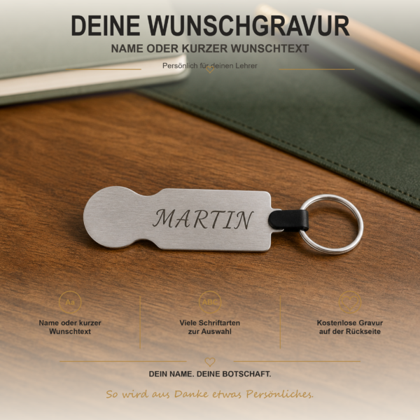 Einkaufswagenlöser Lehrer mit Wunschgravur Rückseite des Einkaufswagenlösers mit Namensgravur Martin als Personalisierungsbeispiel