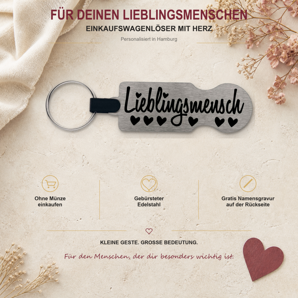 Silberfarbener Lieblingsmensch Einkaufswagenlöser aus Edelstahl mit kostenloser Namensgravur