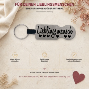 Silberfarbener Lieblingsmensch Einkaufswagenlöser aus Edelstahl mit kostenloser Namensgravur