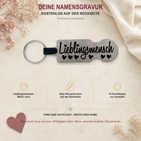 Namensgravur für Lieblingsmensch Einkaufswagenlöser Personalisierter Lieblingsmensch Einkaufswagenlöser mit Rückseitengravur und 16 Schriftarten