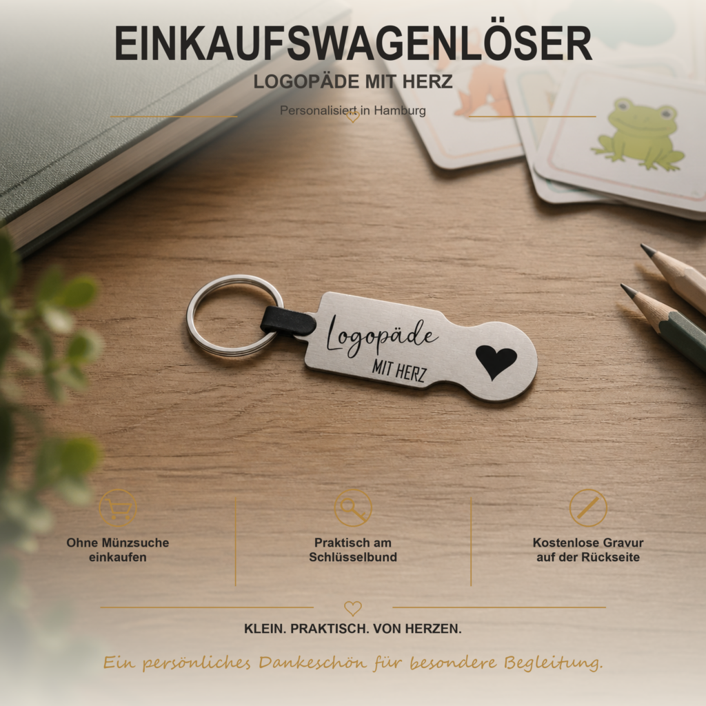 Personalisierter silberner Einkaufswagenlöser mit Gravur Logopäde mit Herz