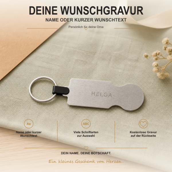 Rückseite des Einkaufswagenlösers mit Namensgravur Helga als Personalisierungsbeispiel