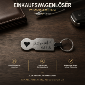 Personalisierter Edelstahl-Einkaufswagenlöser mit Herz und Gravur Patenonkel mit Herz
