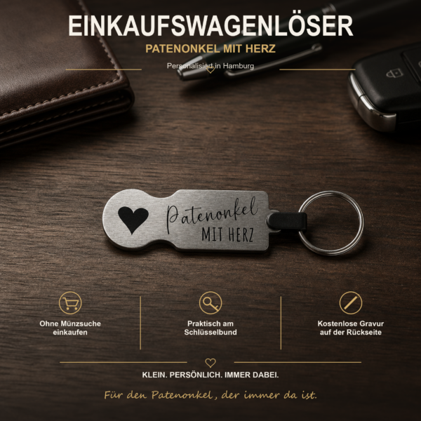 Personalisierter Edelstahl-Einkaufswagenlöser mit Herz und Gravur Patenonkel mit Herz