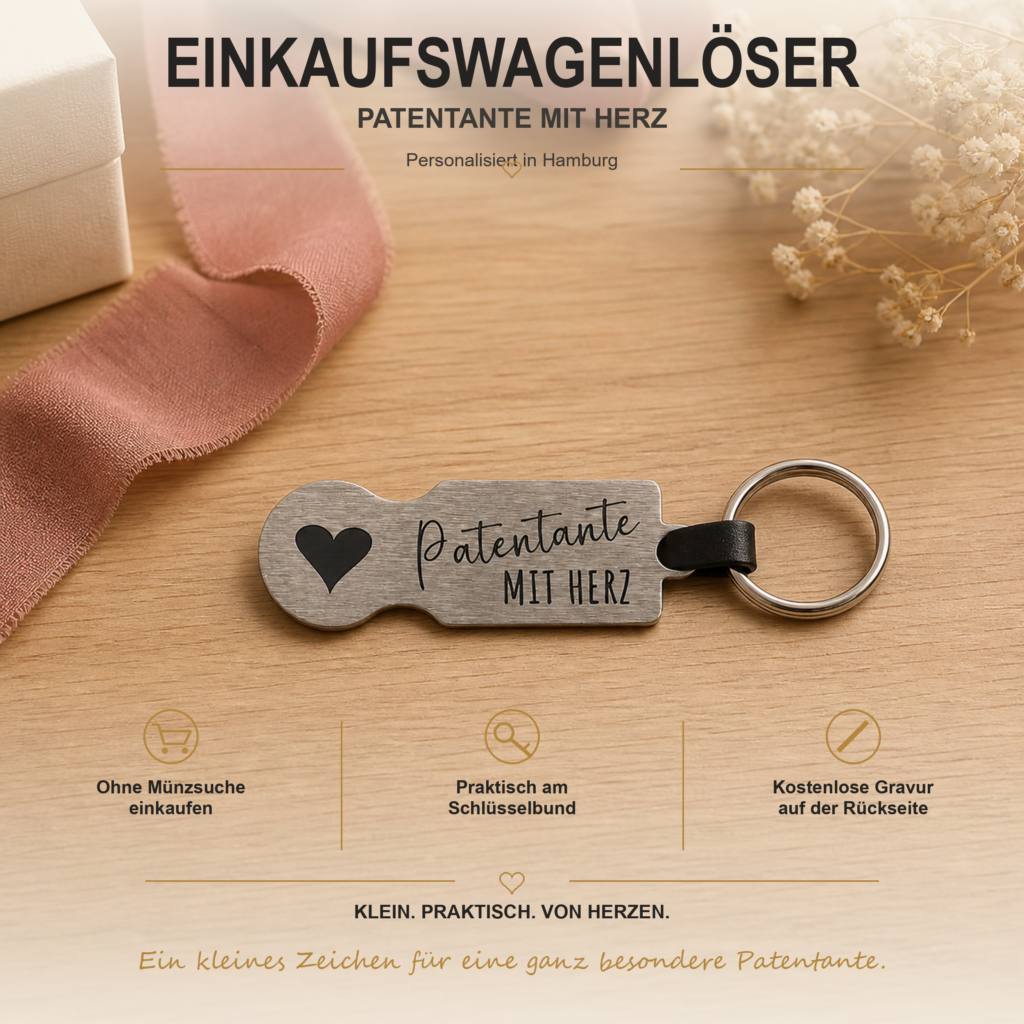 Personalisierter Edelstahl-Einkaufswagenlöser mit Herz und Gravur Patentante mit Herz