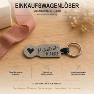Personalisierter Edelstahl-Einkaufswagenlöser mit Herz und Gravur Patentante mit Herz