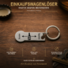 Personalisierter Edelstahl-Einkaufswagenlöser mit Saufen-Kaufen-Motiv, Flaschenöffner und Schlüsselring