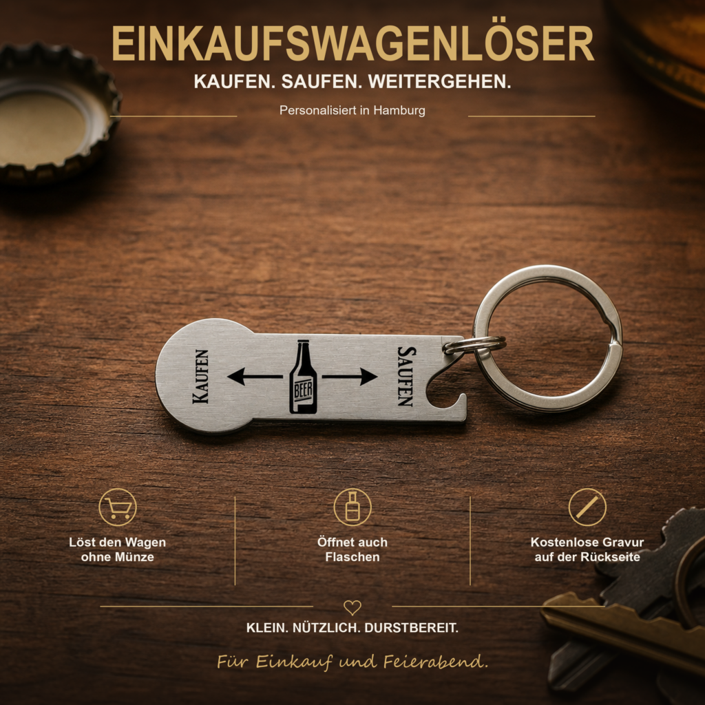 Personalisierter Edelstahl-Einkaufswagenlöser mit Saufen-Kaufen-Motiv, Flaschenöffner und Schlüsselring