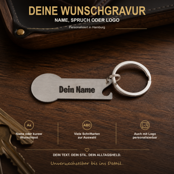 Personalisierter Edelstahl-Einkaufswagenlöser mit Wunschname, Logo und vielen verfügbaren Schriftarten
