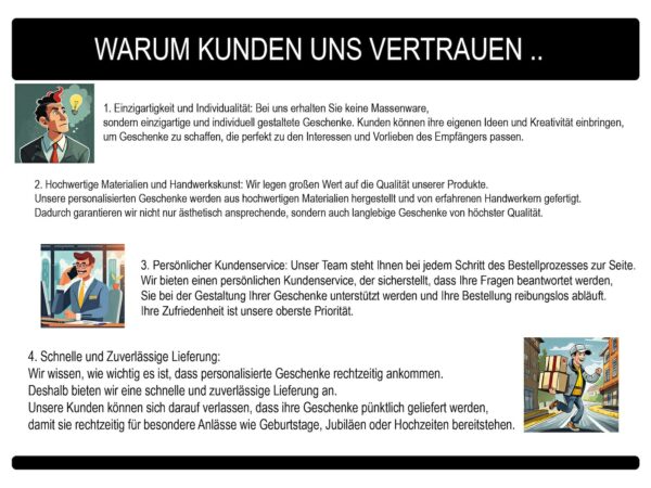Informationen zu Individualität, Material, Kundenservice und Lieferung