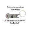 Originalansicht des Einkaufswagenlösers mit Kaufen-Saufen-Motiv und kostenloser Rückseitengravur
