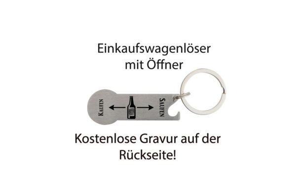 Originalansicht des Einkaufswagenlösers mit Kaufen-Saufen-Motiv und kostenloser Rückseitengravur