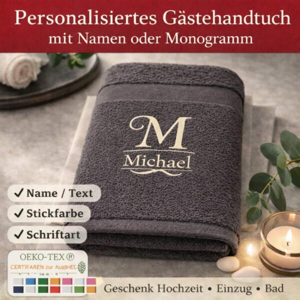 Dunkelgraues Gästehandtuch mit Monogramm M und Name Michael sowie Auswahlhinweisen