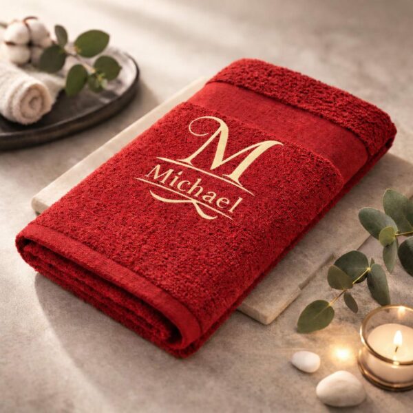 Rotes Handtuch mit cremefarbenem Monogramm M und gesticktem Namen Michael