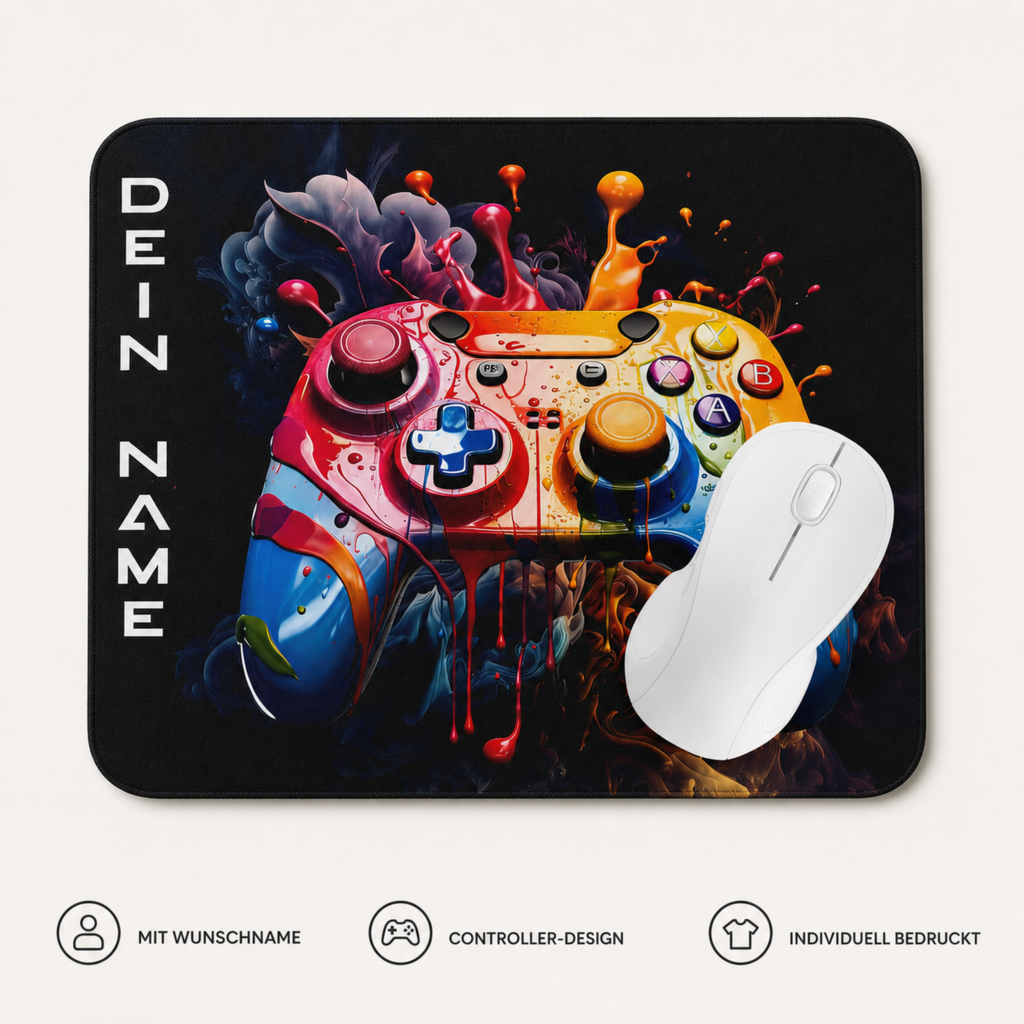 Personalisiertes Gaming Mauspad mit buntem Controller und Wunschname