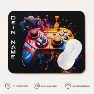Personalisiertes Gaming Mauspad mit buntem Controller und Wunschname