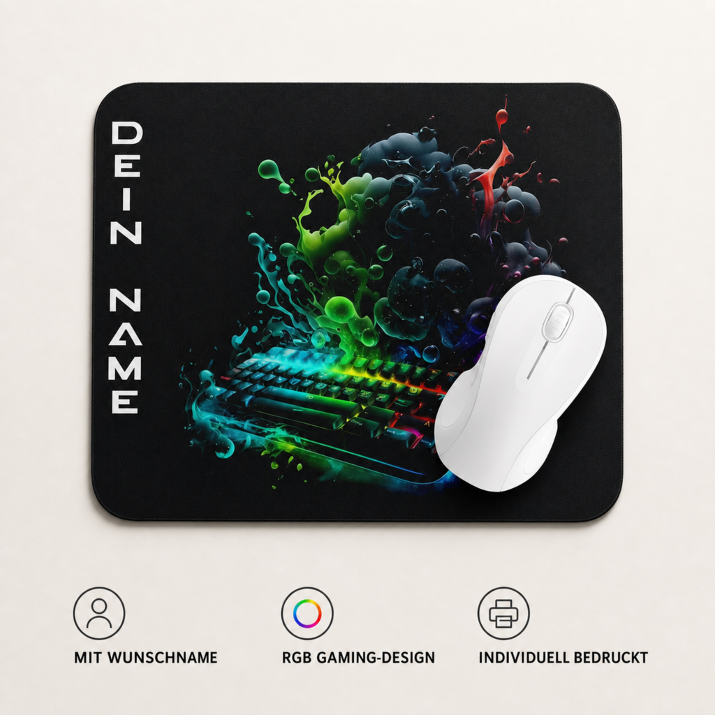 Personalisiertes Gaming Mauspad mit RGB-Tastatur und Wunschname