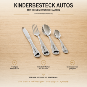 Personalisiertes vierteiliges Kinderbesteck mit vier Fahrzeugmotiven und Wunschname