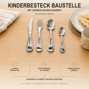 Kinderbesteck Baustelle mit Namen Personalisiertes vierteiliges Kinderbesteck mit Baustellenfahrzeugen und Wunschname