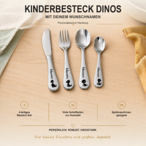 Kinderbesteck Dinos mit Namen Personalisiertes vierteiliges Kinderbesteck mit Dinosauriermotiven und Wunschname