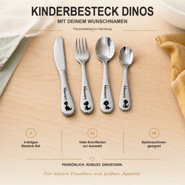 Kinderbesteck Dinos mit Namen Personalisiertes vierteiliges Kinderbesteck mit Dinosauriermotiven und Wunschname