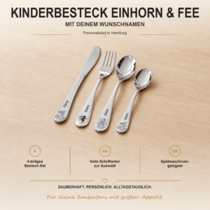 Kinderbesteck Einhorn und Fee mit Namen Personalisiertes vierteiliges Kinderbesteck mit Einhorn-, Feen- und Prinzessinnenmotiven