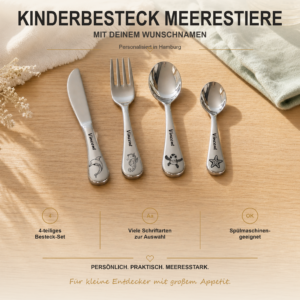 Personalisiertes vierteiliges Kinderbesteck mit Meerestiermotiven und Wunschname