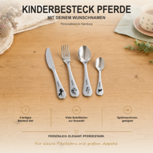 Kinderbesteck Pferde mit Namen Personalisiertes vierteiliges Kinderbesteck mit Pferdemotiven und Wunschname