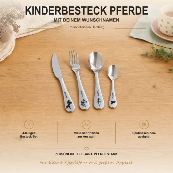 Kinderbesteck Pferde mit Namen Personalisiertes vierteiliges Kinderbesteck mit Pferdemotiven und Wunschname