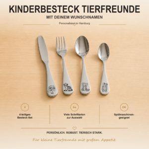 Kinderbesteck Tierfreunde mit Namen Personalisiertes vierteiliges Kinderbesteck mit Koala, Tiger, Bärenjungem und Krokodil
