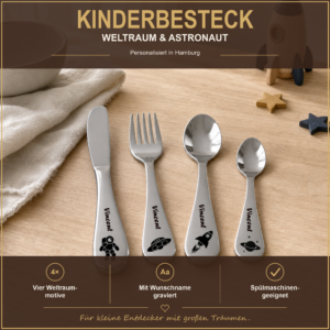 Kinderbesteck Weltraum mit Namen Personalisiertes Kinderbesteck mit Astronaut, UFO, Rakete und Planet