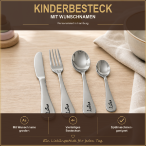 Kinderbesteck mit Wunschname Personalisiertes vierteiliges Kinderbesteck mit Namensgravur