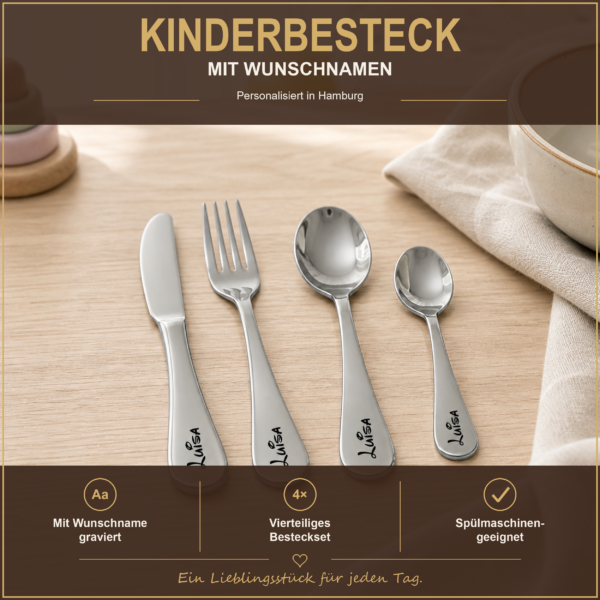 Kinderbesteck mit Wunschname Personalisiertes vierteiliges Kinderbesteck mit Namensgravur