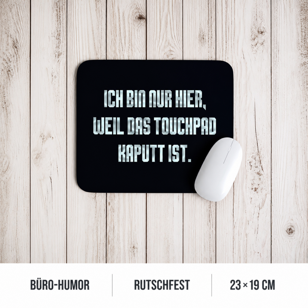 Schwarzes Mauspad mit dem Spruch "Ich bin nur hier, weil das Touchpad kaputt ist" und Produktvorteilen