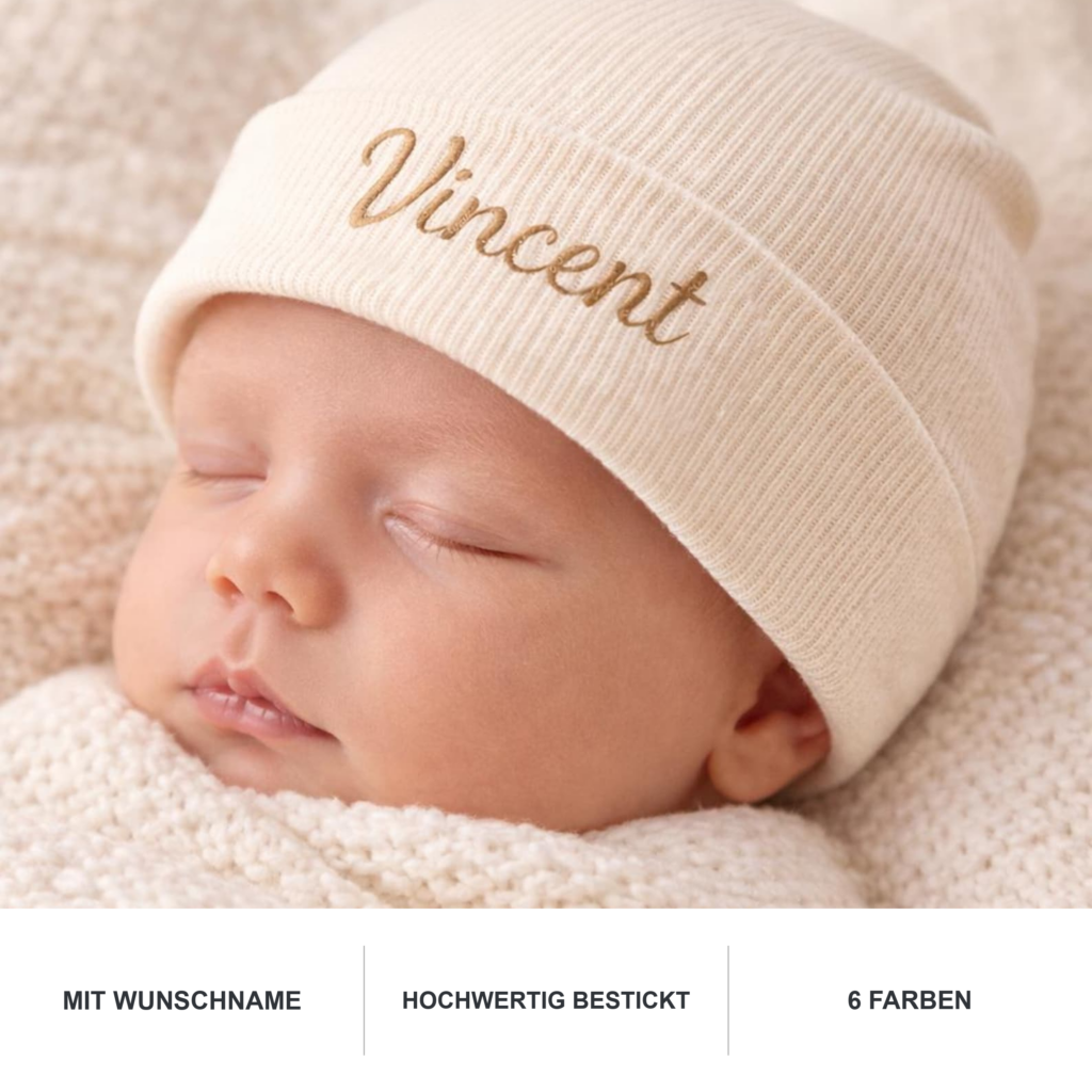 Cremefarbene Babymütze mit gesticktem Namen Vincent und Produktvorteilen