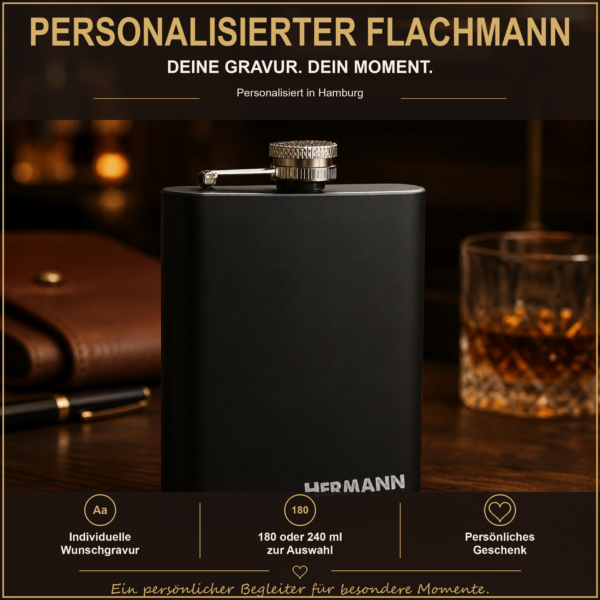 Personalisierter Flachmann mit Gravur Schwarzer Edelstahl-Flachmann mit Wunschgravur in warmer Geschenkdekoration