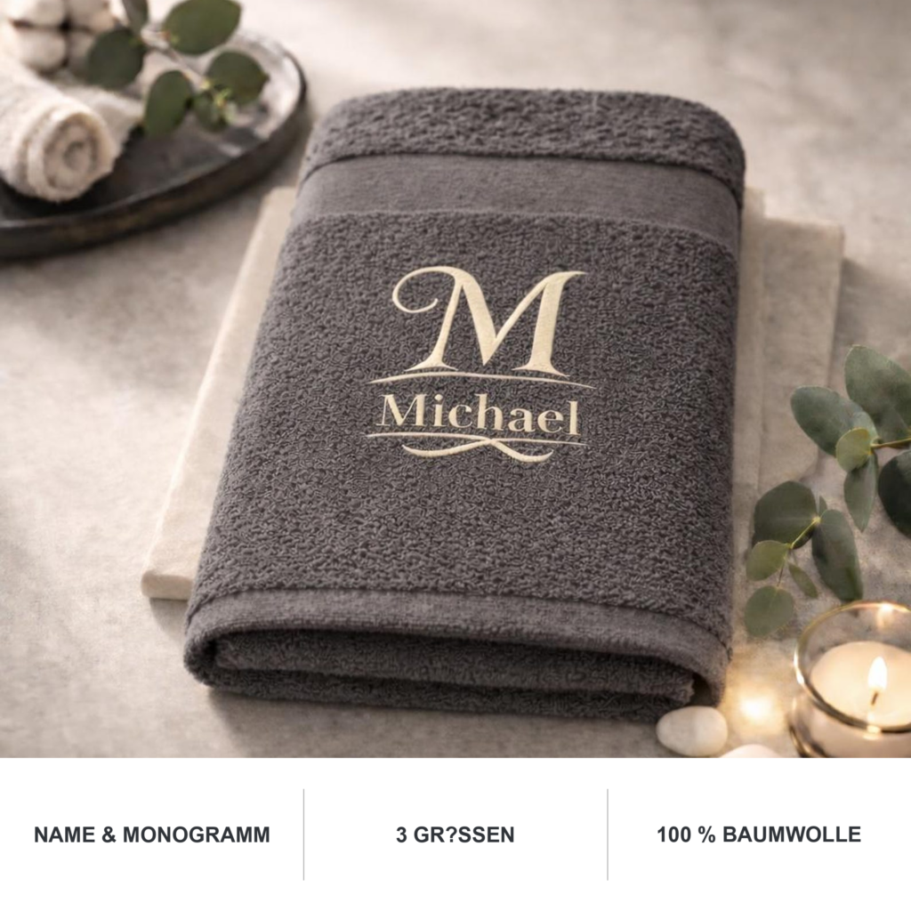 Dunkelgraues Handtuch mit Monogramm M und gesticktem Namen Michael sowie Produktvorteilen