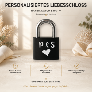 Schwarzes Liebesschloss mit individueller Gravur in einer warmen romantischen Geschenkszene