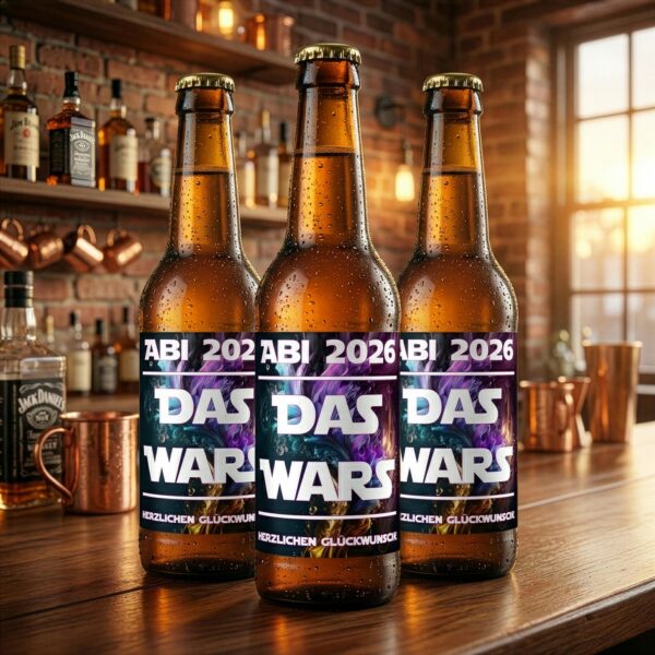 Abi-2026-Etiketten im Set Drei braune Bierflaschen mit farbigen ABI-2026-Etiketten in einer warmen Barszene
