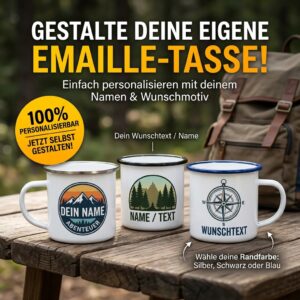 Personalisierte Emailletasse mit farbigem Rand – 300 ml