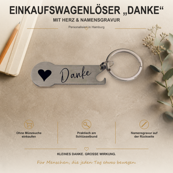 Personalisierter Edelstahl-Einkaufswagenlöser mit Danke-Schriftzug, Herzmotiv und Namensgravur
