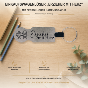 Einkaufswagenlöser Erzieher mit Herz mit Namensgravur Personalisierter Edelstahl-Einkaufswagenlöser Erzieher mit Herz mit Kinderzeichnung und Schlüsselring