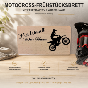 Personalisiertes Frühstücksbrett aus Buchenholz mit Motocross-Fahrer, Wunschname und warmem Frühstücksambiente