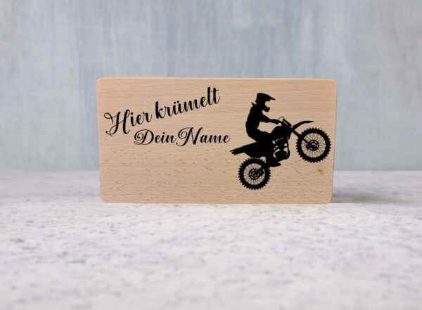 Motocross-Frühstücksbrett aus Buche Frühstücksbrett aus Buchenholz mit Motocross-Fahrer und personalisierter Namensgravur
