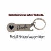 Silberner Metall-Einkaufswagenlöser mit Herz, Danke-Schriftzug und großem Schlüsselring