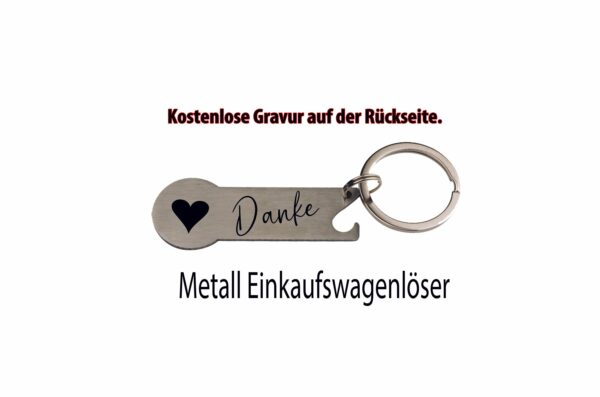 Silberner Metall-Einkaufswagenlöser mit Herz, Danke-Schriftzug und großem Schlüsselring