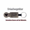 Silberfarbener Einkaufswagenlöser aus Metall mit Danke-Motiv, Herz und Schlüsselring